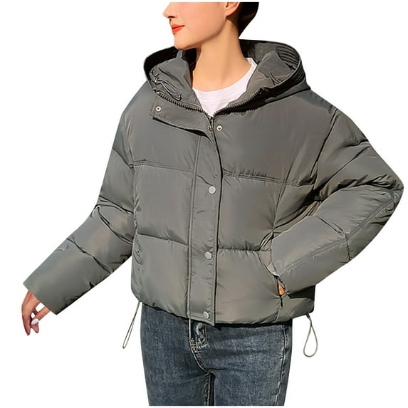 Women's Cropped Puffer Jackets Long Sleeve Zip Up Button Drawstring Stand Collar Hooded Quilted Jacket Zipper Pockets Solid Loose Fit Thermal Winter Short Down Coats 2025 Fashion