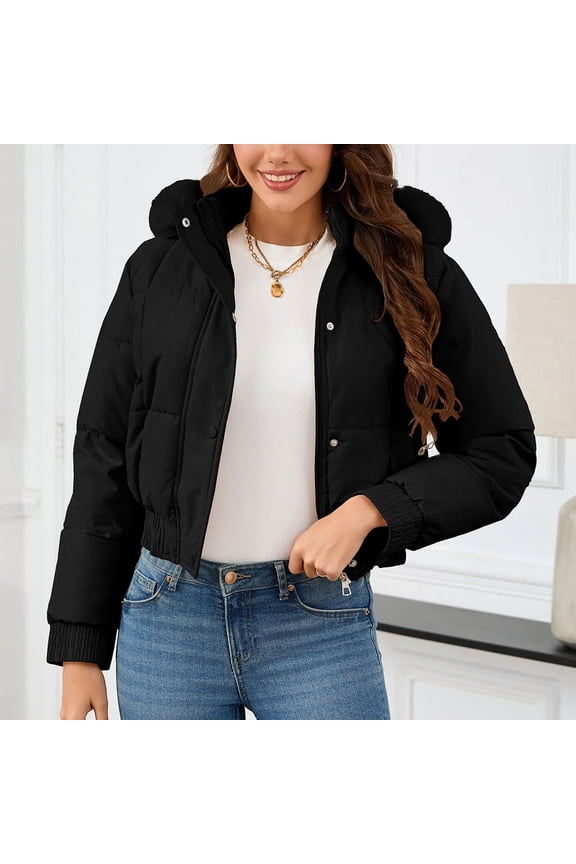 Women's Cropped Puffer Jackets Zip Up Faux Fur Hooded Quilted Jacket with Zipper Pockets Long Sleeve Tunic Solid Color Short Down Coat 2025 Winter Y2K Warm Outerwear