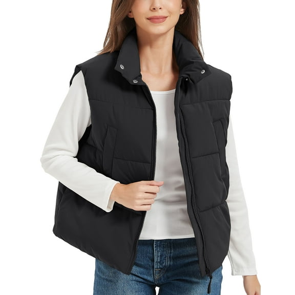 Women's Cropped Puffer Vest Stand Collar Lightweight Sleeveless Crop Padded Vest Zip Up Gilet Coat
