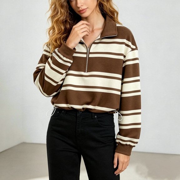 Women's Cropped Quarter Zip Sweatshirt with Long Sleeves Collared Loose Fit Casual Style for Women