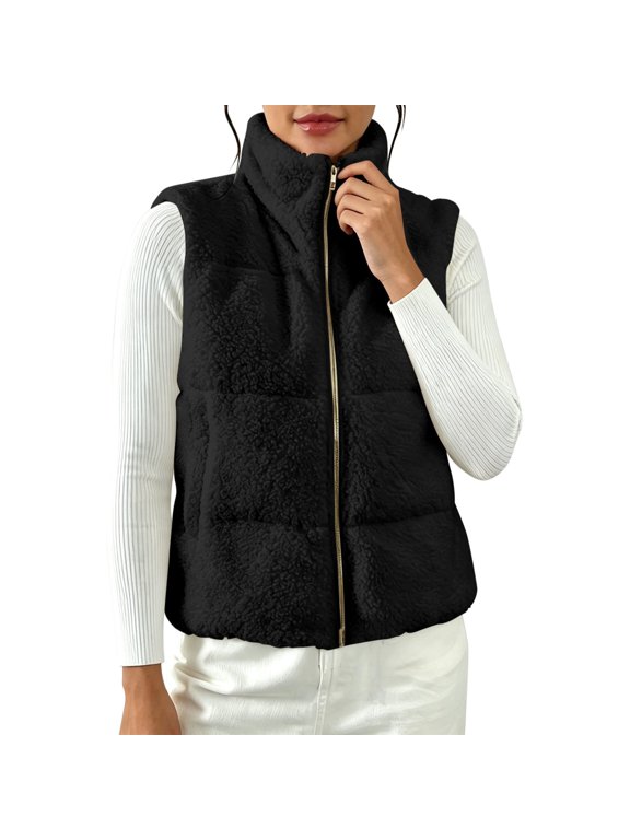 Women's Cropped Quilted Fleece Vest, Stand‑Up Collar, Smooth Full‑Zip Front, Quilted Panels, Soft Fleece Shell, Sleeveless‑Layering Morning‑Jog Vest Black XXL
