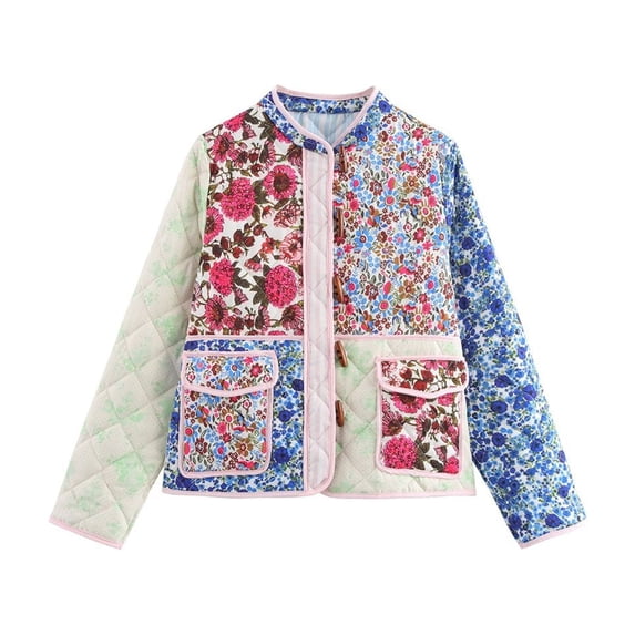 Women's Cropped Quilted Jacket Cardigan Floral Printed Long Sleeve Open Front Short Coats Cyan S