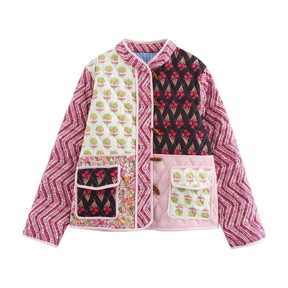 Women's Cropped Quilted Jacket Cardigan Floral Printed Long Sleeve Open Front Short Coats Pink S