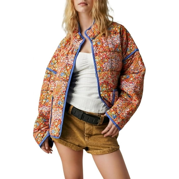 Women's Cropped Quilted Jacket Floral Printed LightWeight Padded Puffer Cardigan Coat Outwear