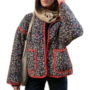 Womens Cropped Quilted Jacket Floral Printed LightWeight Padded Puffer Cardigan Coat Outwear