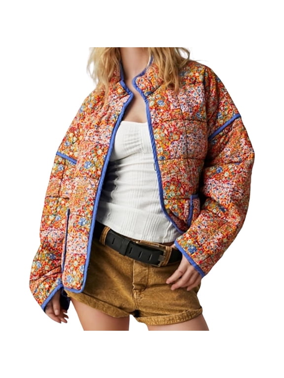 Women's Cropped Quilted Jacket Floral Printed LightWeight Padded Puffer Cardigan Coat Outwear