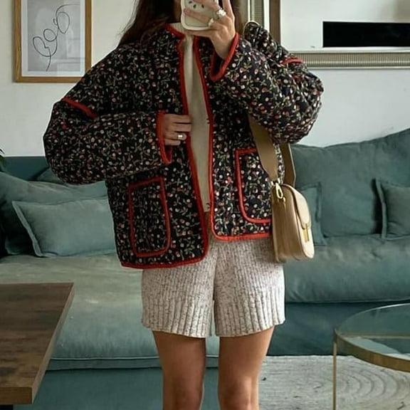 Lentta Women's Cropped Quilted Jacket Floral Printed LightWeight Padded Puffer Cardigan Coat Outwear