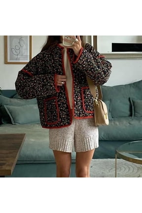 Women's Cropped Quilted Jacket Floral Printed LightWeight Padded Puffer Cardigan Coat Outwear