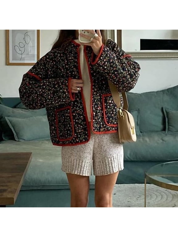 Women's Cropped Quilted Jacket Floral Printed LightWeight Padded Puffer Cardigan Coat Outwear