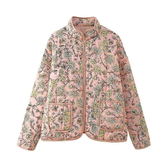 Women's Cropped Quilted Jacket Floral Printed Lightweight Cardigan Padded Coats with Pockets Warm Stand Collar Outerwear (Pink L)