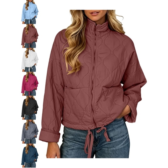 Women's Cropped Quilted Jacket Ribbed Collar Zip Front Drawstring Hem Versatile Fall Jacket