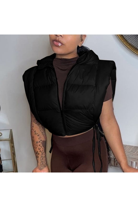 Women's Cropped Quilted Vest Jackets Loose Sleeveless Hooded Jackets Side Lace-Up Winter Coats Zip up Gilet Outerwear Black S