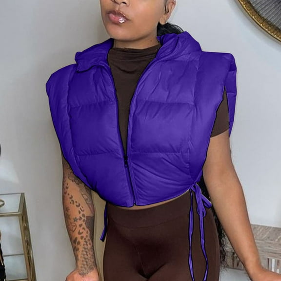 Women's Cropped Quilted Vest Jackets Loose Sleeveless Hooded Jackets Side Lace-Up Winter Coats Zip up Gilet Outerwear Purple XXL