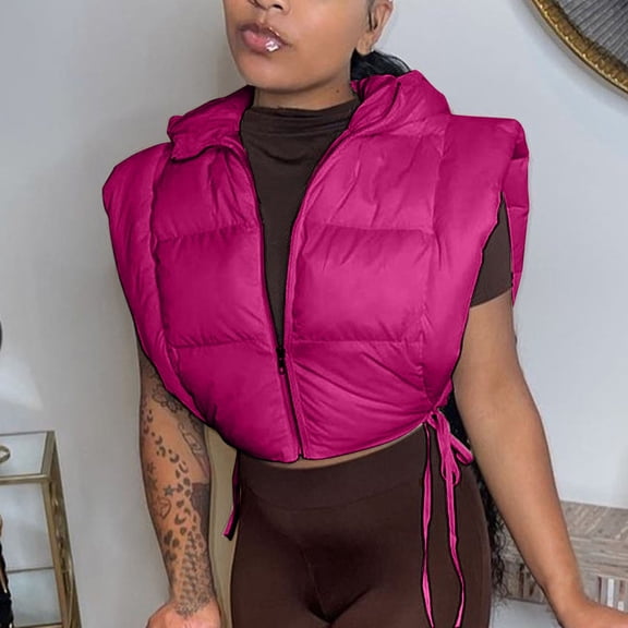 Women's Cropped Quilted Vest Jackets Loose Sleeveless Hooded Jackets Side Lace-Up Winter Coats Zip up Gilet Outerwear XXL