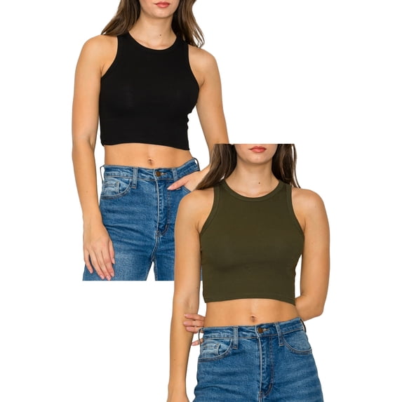 Women's Cropped Ribbed High Neck Cotton Stretch Tank Top 2-Pack