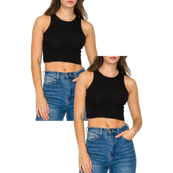 Women's Cropped Ribbed High Neck Cotton Stretch Tank Top 2-Pack
