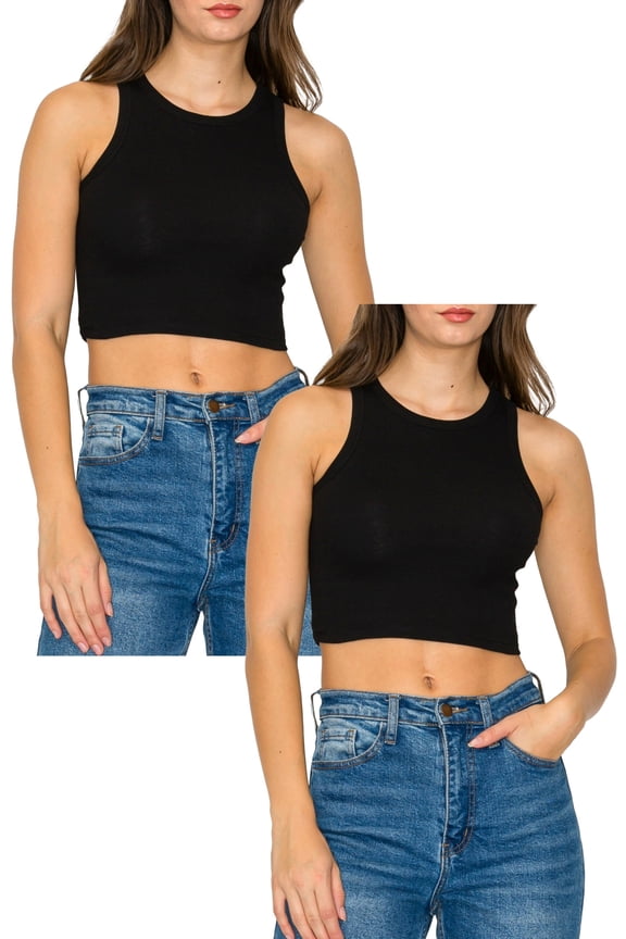 Women's Cropped Ribbed High Neck Cotton Stretch Tank Top 2-Pack