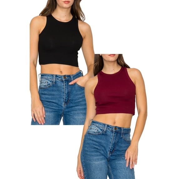 Women's Cropped Ribbed High Neck Cotton Stretch Tank Top 2-Pack