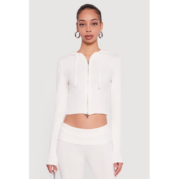 Women's Cropped Ribbed Knit Zip Front Hooded Cardigan
