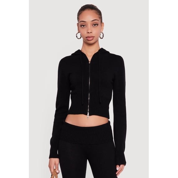Women's Cropped Ribbed Knit Zip Front Hooded Cardigan