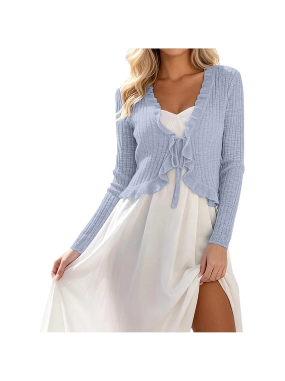 Women's Cropped Ruffle Tie Ribbed Knit Scalloped Hem Cardigan,Long Sleeve Soft Thin Cozy Comfy Lightweight Relaxed Fitted Business Casual Knit Shrug Outerwear for Summer Casual Work Travel Light Blue