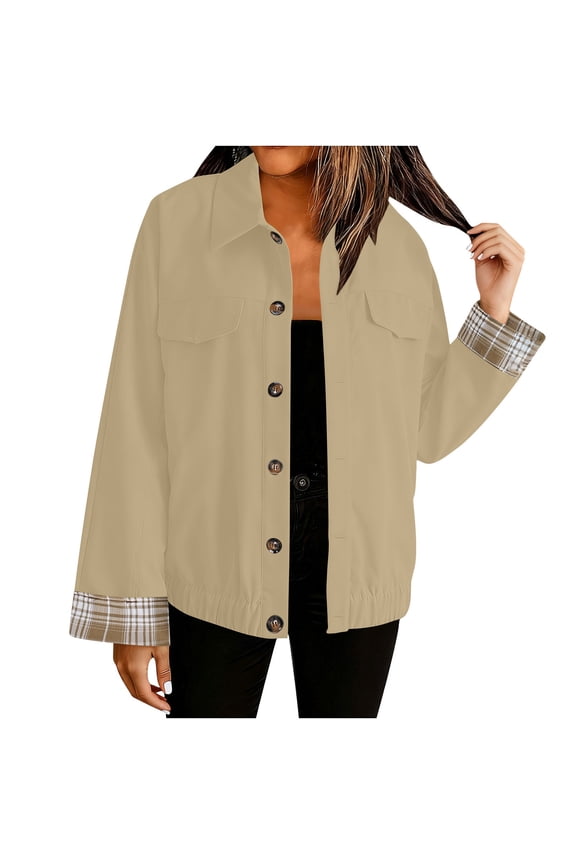 Women's Cropped Shacket Jacket Coat Turn Down Collar Long Sleeve Lapel Outerwear with Pockets Casual Streetwear Loungewear Fall Winter Fashion Essential for Women | Sopatenor,Khaki XL