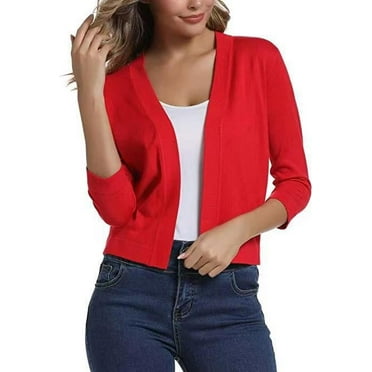 Women's Cropped Shrug Cardigan 3/4 Sleeve Open Front Cardigan Sweater