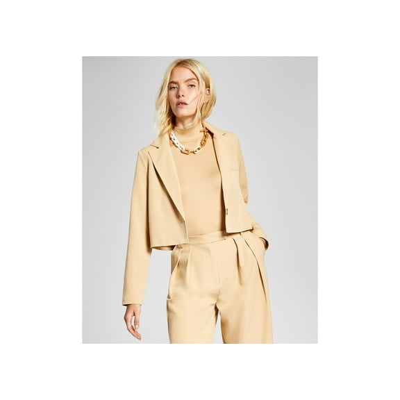 Women's Cropped Single Button Notched Collar Blazer Camel S