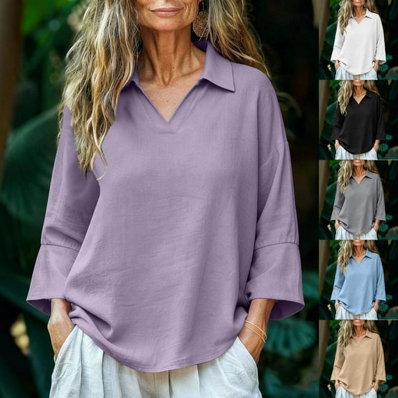 Women's Cropped Sleeve Pullover Top Shirts Blouses with Lapel Trumpet Cuff Loose Fit Solid Color Casual Daily Wear Loungewear Streetwear Fashion Essential Gift for Women | CSEONE,Black L