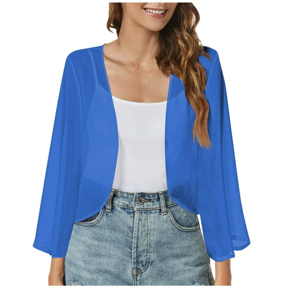 Women's Cropped Solid Puff Sleeve Kimono Cardigan Loose Cover Up Casual Blouse Top Chiffon Open Front