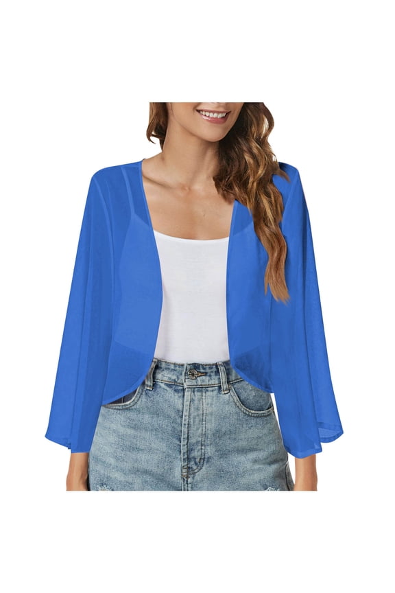 Women's Cropped Solid Puff Sleeve Kimono Cardigan Loose Cover Up Casual Blouse Top Chiffon Open Front