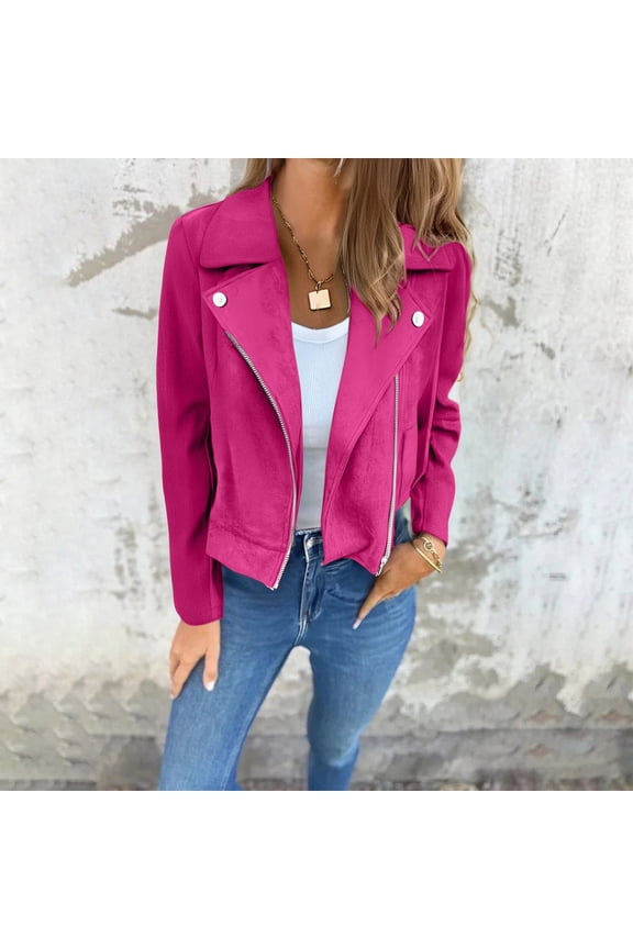 Women's Cropped Suede Biker Jacket, Lapel Collar Zipper Jacket, Short Slim Fit Jacket, Winter Slim Motorcycle Jacket, Casual Leather Look Jacket, Fall Outfits, Cropped Outerwear Hot Pink L