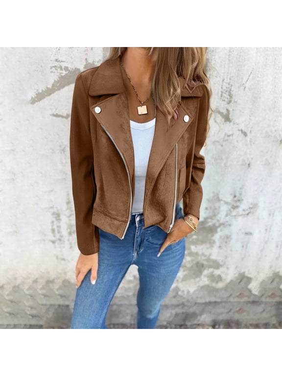Women's Cropped Suede Biker Jacket, Lapel Collar Zipper Jacket, Short Slim Fit Jacket, Winter Slim Motorcycle Jacket, Casual Leather Look Jacket, Fall Outfits, Cropped Outerwear Coffee XL