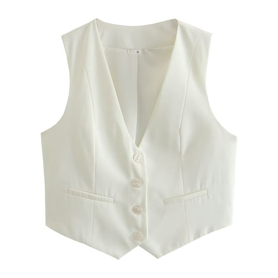 Women's Cropped Suit Vest Dressy V Neck Button Down Jacket Fall Outfits Fashion Clothes Tops Coats Jacket White Outerwear Vests For Women L