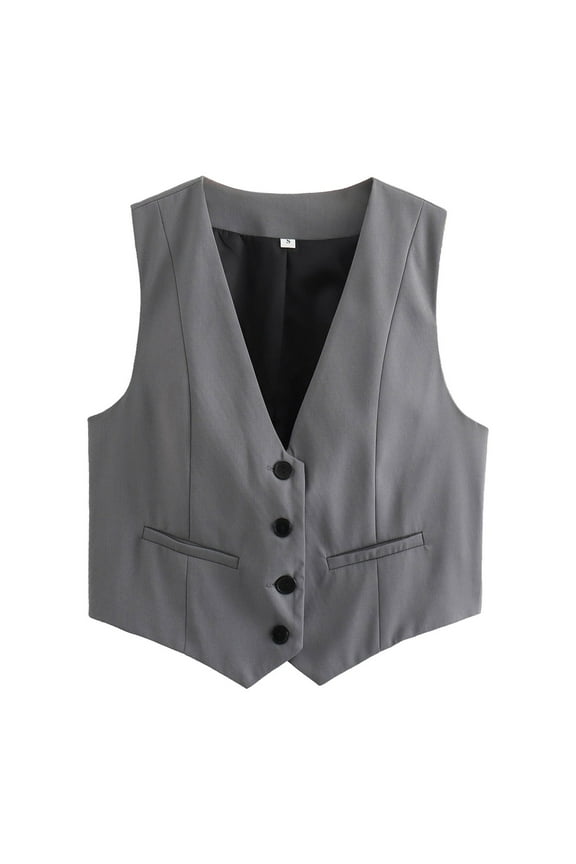 Women's Cropped Suit Vest Dressy V Neck Button Down Jacket