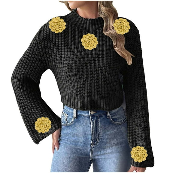 Women's Cropped Sweater 3D Floral Knit Long Bell Sleeve Mock Neck Pullover Top Black M