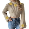 thumbnail image 1 of Women's Cropped Sweater 3D Floral Knit Long Bell Sleeve Mock Neck Pullover Top Khaki S, 1 of 5