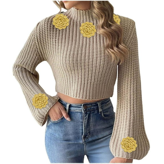 Women's Cropped Sweater 3D Floral Knit Long Bell Sleeve Mock Neck Pullover Top Khaki S