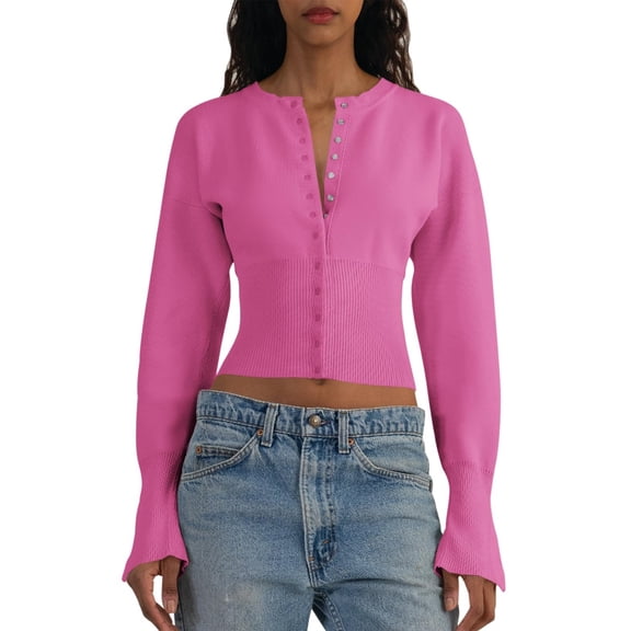 Women's Cropped Sweater Buttoned Long Sleeve V-Neck Ribbed Knit Slim Fit Pullover Crop Top
