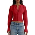 thumbnail image 1 of Women's Cropped Sweater Buttoned Long Sleeve V-Neck Ribbed Knit Slim Fit Pullover Crop Top, 1 of 5