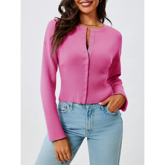 Women's Cropped Sweater Buttoned Long Sleeve V-Neck Ribbed Knit Slim Fit Pullover Crop Top