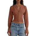 thumbnail image 1 of Women's Cropped Sweater Buttoned Long Sleeve V-Neck Ribbed Knit Slim Fit Pullover Crop Top, 1 of 6