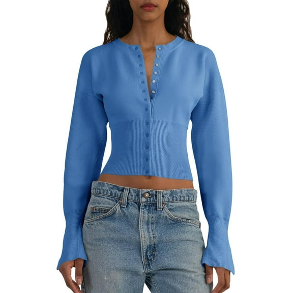 Women's Cropped Sweater Buttoned Long Sleeve V-Neck Ribbed Knit Slim Fit Pullover Crop Top