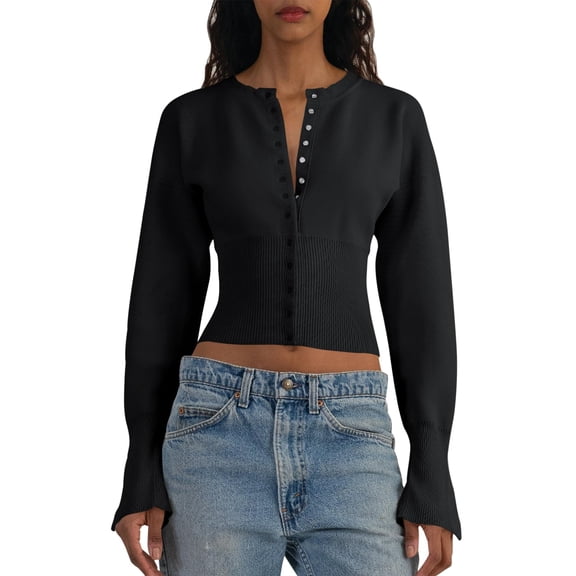 Women's Cropped Sweater Buttoned Long Sleeve V-Neck Ribbed Knit Slim Fit Pullover Crop Top
