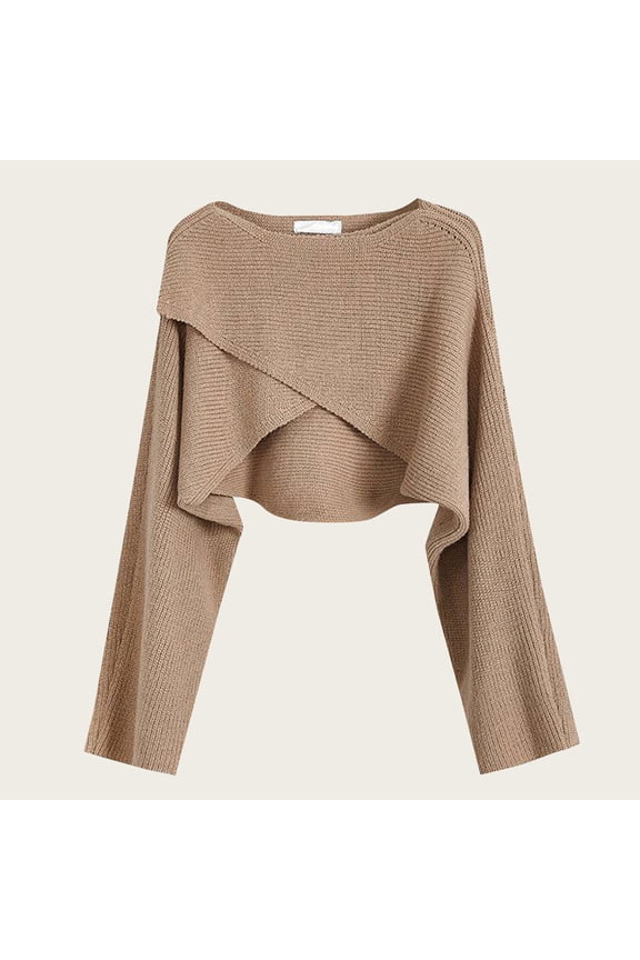 Women's Cropped Sweater, Cross Front Knit Top, Short Long Sleeve Pullover, Casual Round Neck Solid Color Shirt, Korean Style Basic Top Brown M
