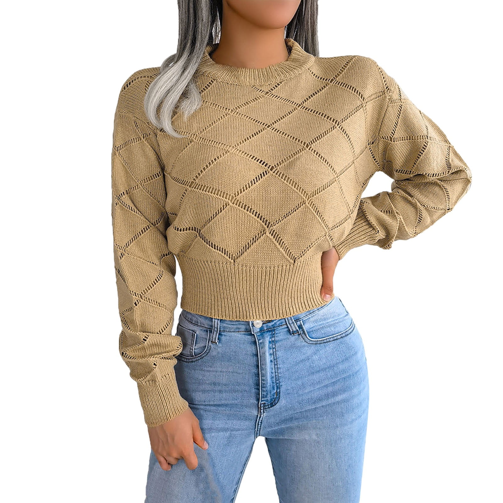 Women's Cropped Sweater Fall Winter Long Sleeve Knit Pullover Crop Tops