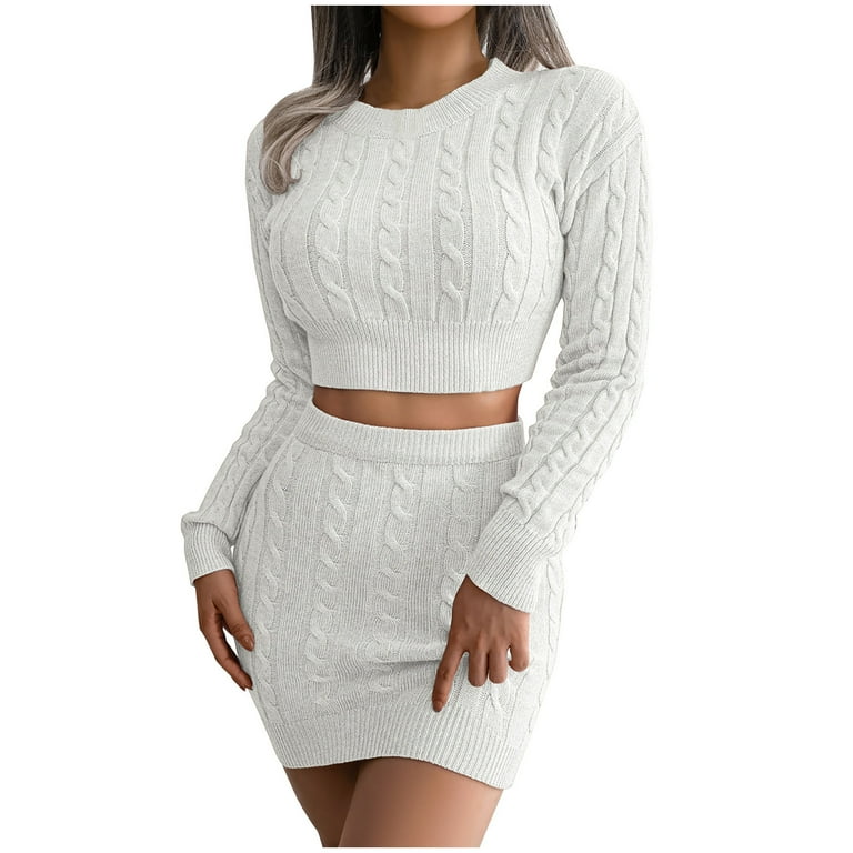 Women's Cropped Sweater Package Hip Skirt Knitted Set Autumn Round Neck Long Sleeve Short Ribbed Sweater and Dress Warm Two Pieces Sets