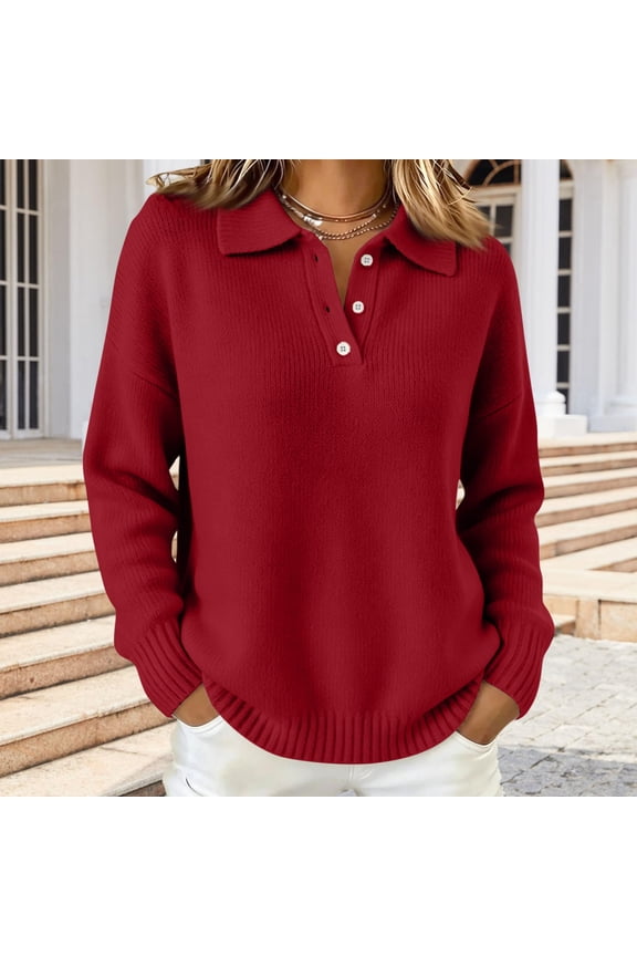 Women's Cropped Sweater Polo Collared Button up Long Sleeve Pullover Sweaters