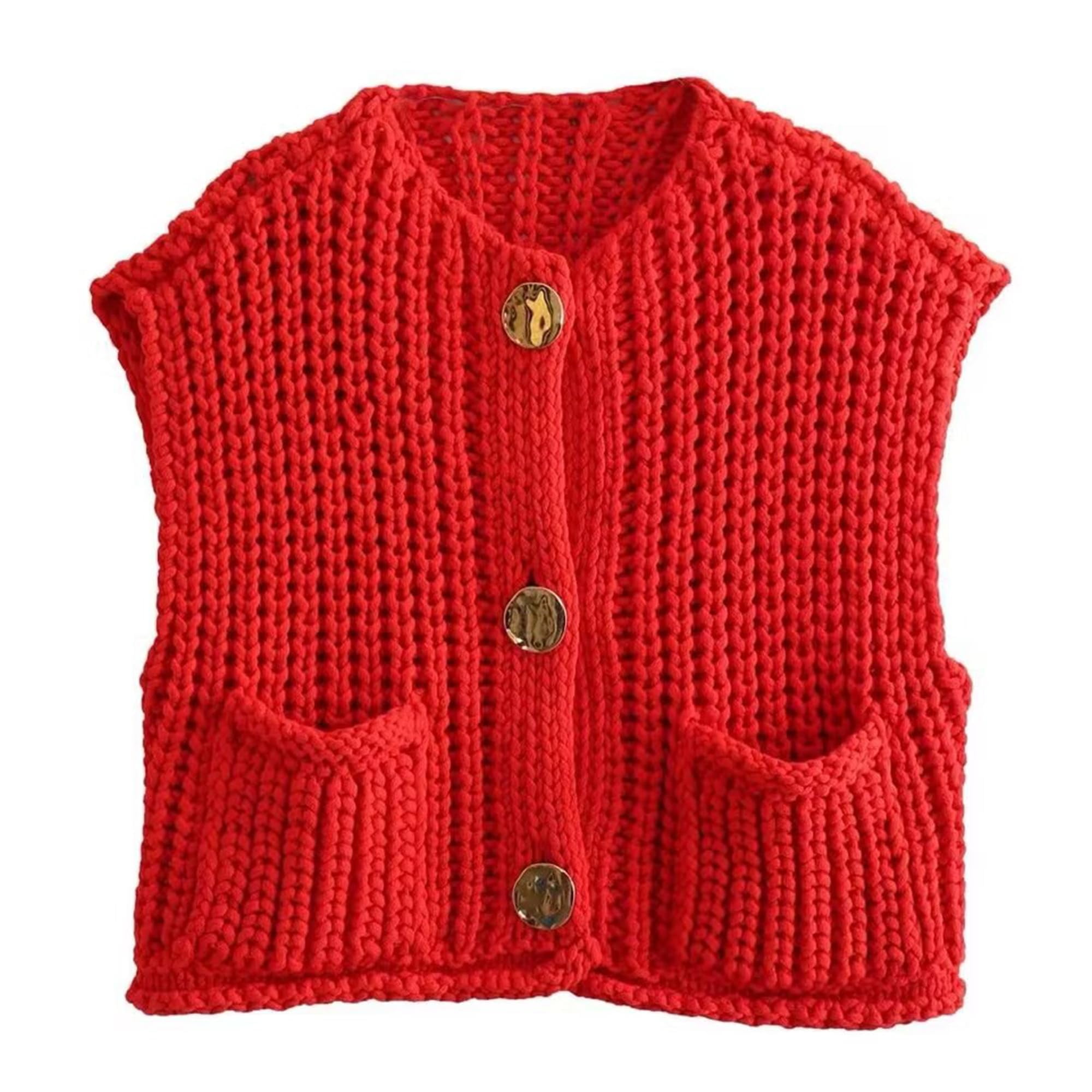 Blostirno Women's Crochet Chunky Crop Sweater Vest - Button Down Sleeveless Cardigan For Casual Wear