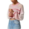 thumbnail image 1 of Women's Cropped Sweaters Long Sleeve Round Neck Striped Print Knit Pullover Casual Tops, 1 of 6